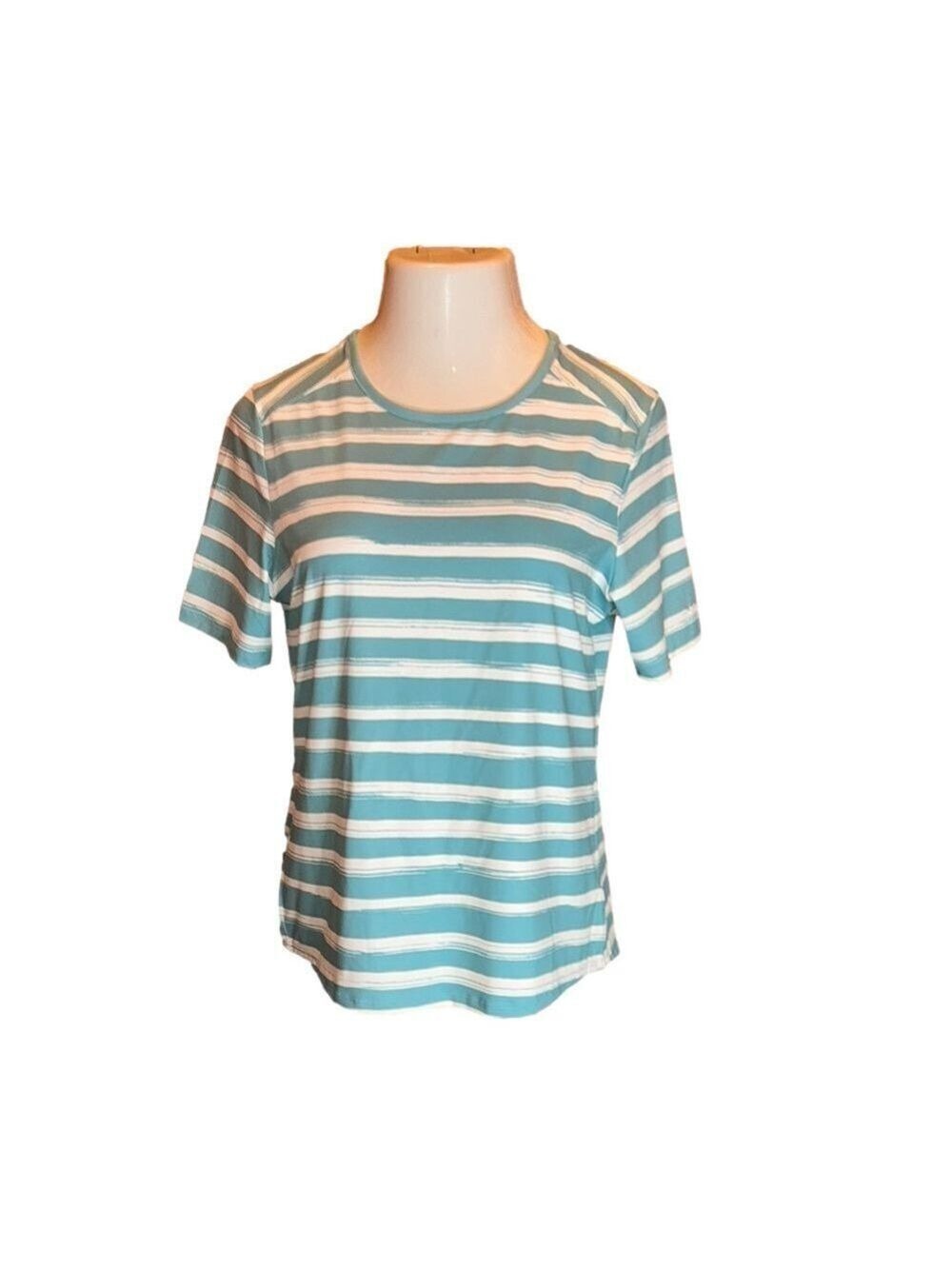COLUMBIA Aqua Green & White Striped Athletic Tee Shirt w/ Cut Out in Back Size M